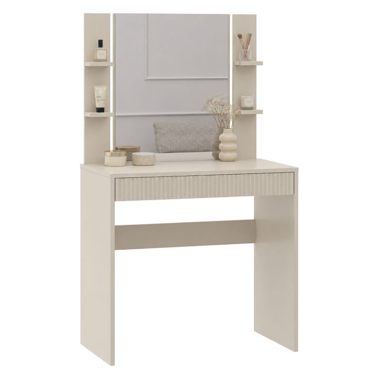 Toeletta Beige Scuro Specchio Incluso un Cassetto 80x40x136h cm, Cassetto Effetto Rigato - Logaza
