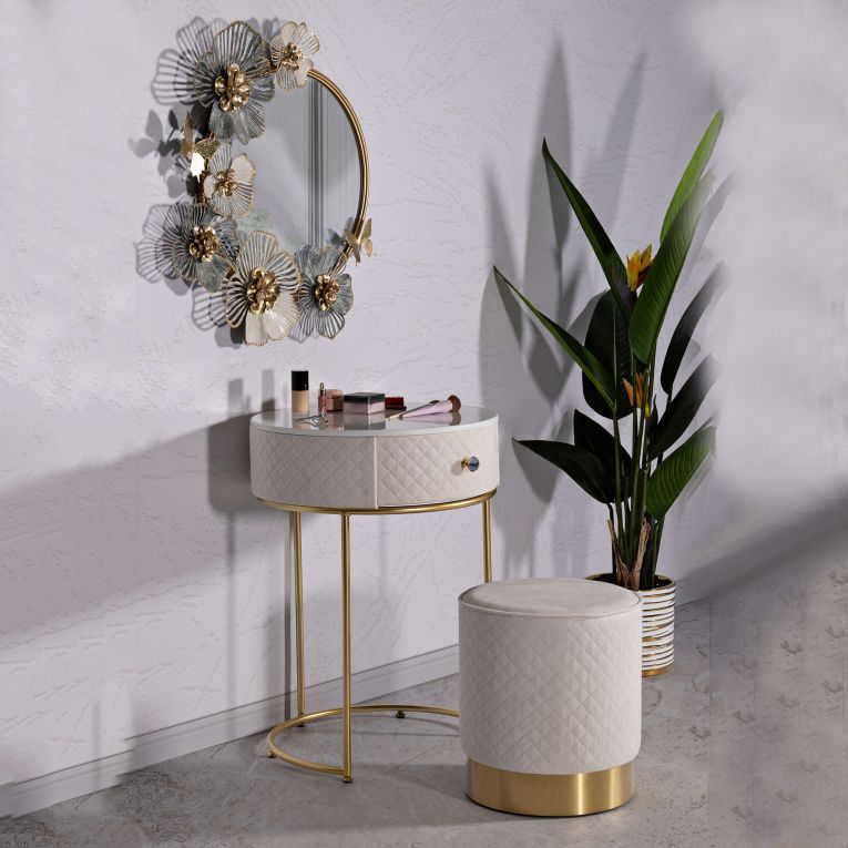 Toeletta Bianco Crema oro un Cassetto Rivestimento in Velluto Trapuntato 52x52x70h cm, Sfumatura Colore Struttura Crema - Mbale