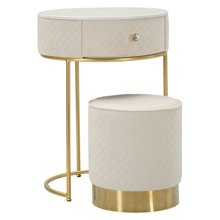 Toeletta Bianco Crema oro un Cassetto Rivestimento in Velluto Trapuntato 52x52x70h cm, Sfumatura Colore Struttura Crema - Mbale