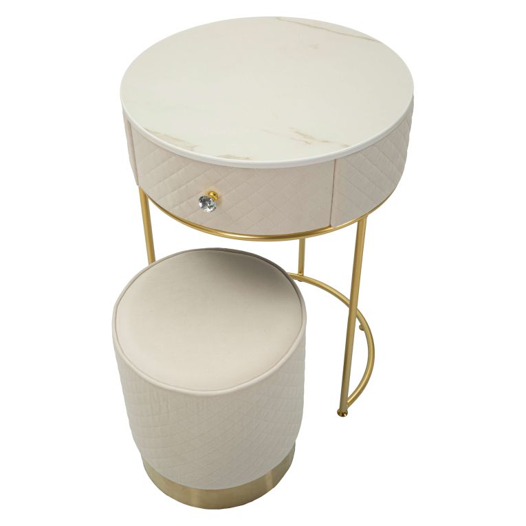 Toeletta Bianco Crema oro un Cassetto Rivestimento in Velluto Trapuntato 52x52x70h cm, Sfumatura Colore Struttura Crema - Mbale