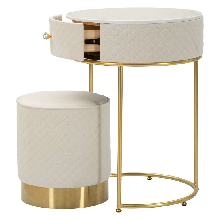 Toeletta Bianco Crema oro un Cassetto Rivestimento in Velluto Trapuntato 52x52x70h cm, Sfumatura Colore Struttura Crema - Mbale