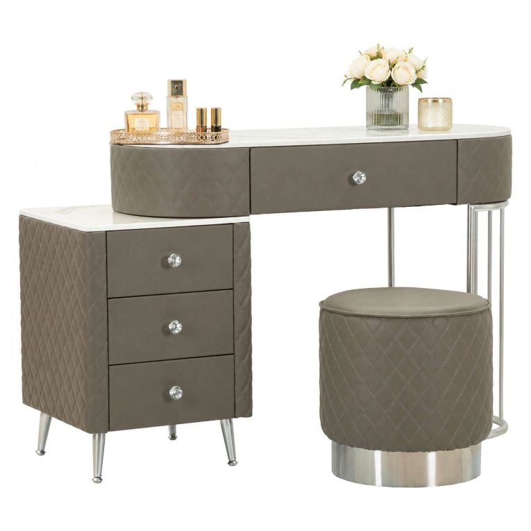 Toeletta Bianco Marmo Grigio Tortora 4 Cassetti Finitura Simil Pelle Trapuntata con Dettagli Argento, top Effetto Marmo 120x40x75h cm, - Tafrao