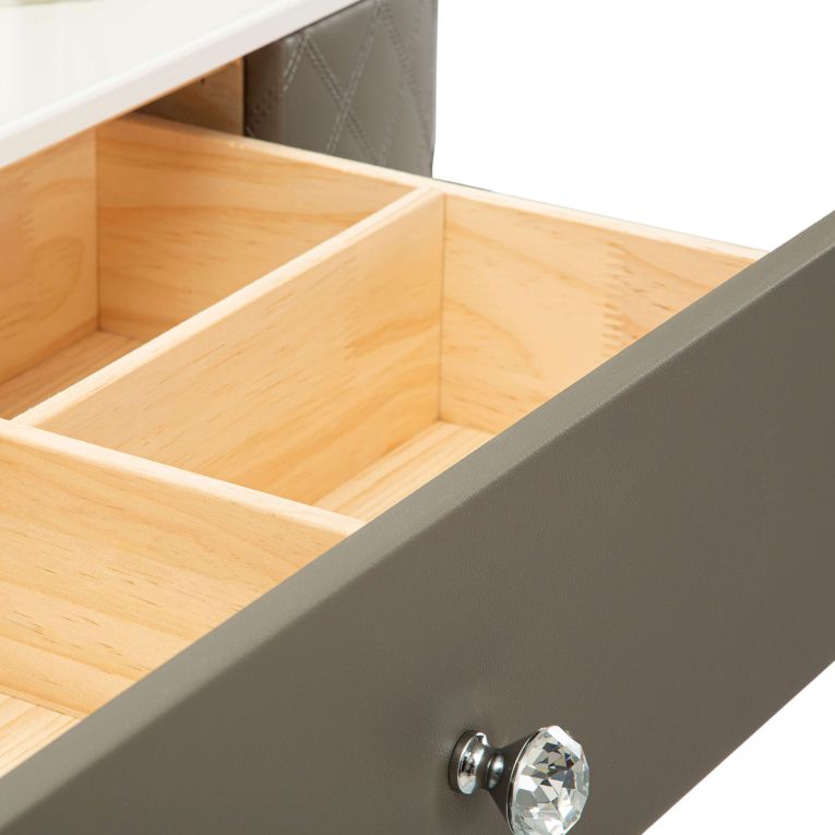 Toeletta Bianco Marmo Grigio Tortora 4 Cassetti Finitura Simil Pelle Trapuntata con Dettagli Argento, top Effetto Marmo 120x40x75h cm, - Tafrao