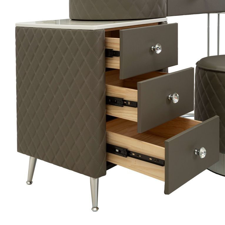 Toeletta Bianco Marmo Grigio Tortora 4 Cassetti Finitura Simil Pelle Trapuntata con Dettagli Argento, top Effetto Marmo 120x40x75h cm, - Tafrao