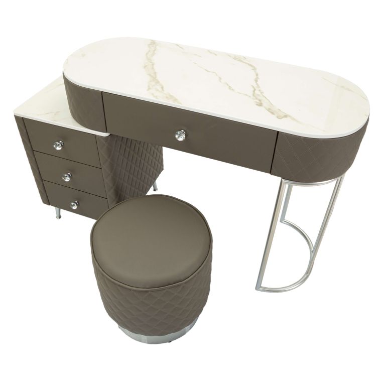 Toeletta Bianco Marmo Grigio Tortora 4 Cassetti Finitura Simil Pelle Trapuntata con Dettagli Argento, top Effetto Marmo 120x40x75h cm, - Tafrao