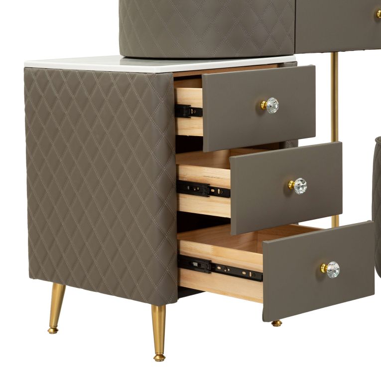 Toeletta Bianco Marmo Grigio Tortora 4 Cassetti Finitura Simil Pelle Trapuntata con Dettagli oro, top Effetto Marmo 120x40x75h cm, - Tafrao