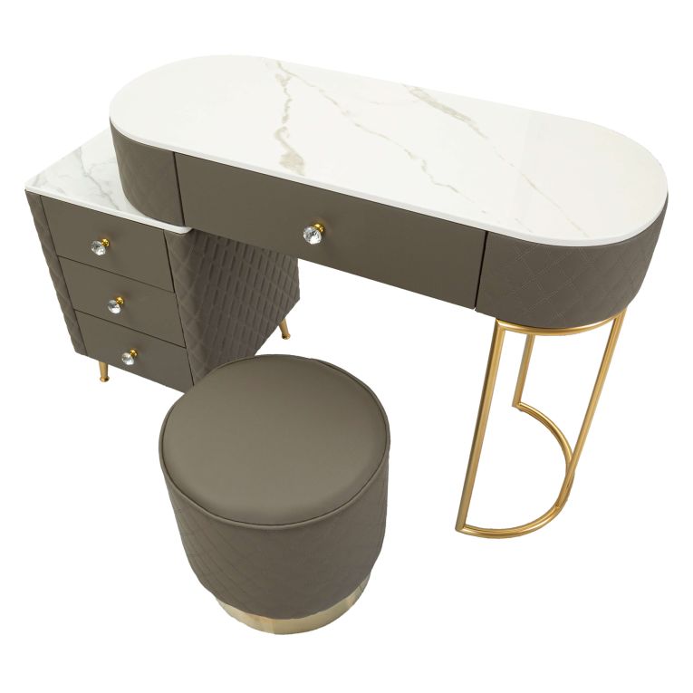 Toeletta Bianco Marmo Grigio Tortora 4 Cassetti Finitura Simil Pelle Trapuntata con Dettagli oro, top Effetto Marmo 120x40x75h cm, - Tafrao