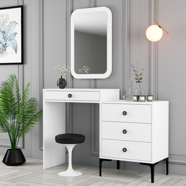 Toeletta Bianco Marrone Noce Specchio Incluso 4 Cassetti 124x40x85h cm, con Piedini - Meltina