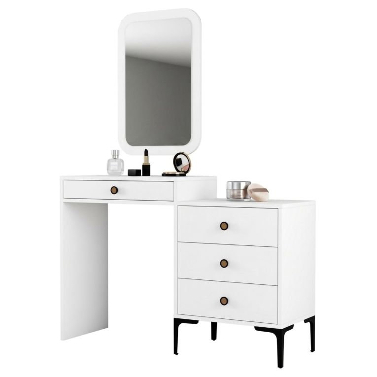 Toeletta Bianco Marrone Noce Specchio Incluso 4 Cassetti 124x40x85h cm, con Piedini - Meltina