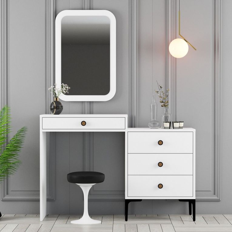 Toeletta Bianco Marrone Noce Specchio Incluso 4 Cassetti 124x40x85h cm, con Piedini - Meltina