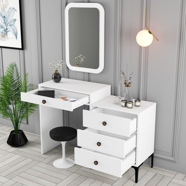 Toeletta Bianco Marrone Noce Specchio Incluso 4 Cassetti 124x40x85h cm, con Piedini - Meltina