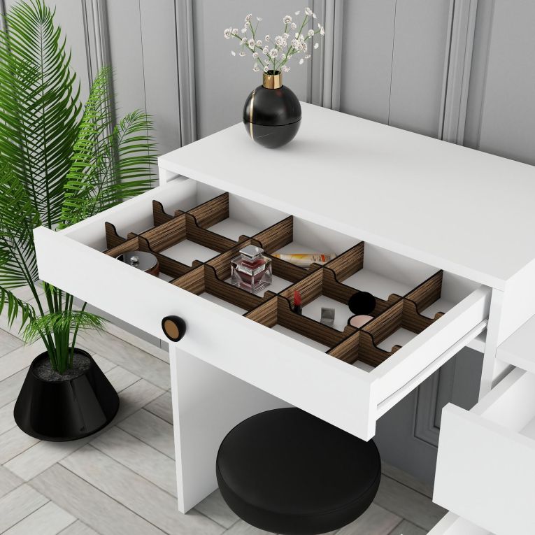 Toeletta Bianco Marrone Noce Specchio Incluso 4 Cassetti 124x40x85h cm, con Piedini - Meltina