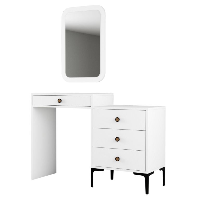 Toeletta Bianco Marrone Noce Specchio Incluso 4 Cassetti 124x40x85h cm, con Piedini - Meltina