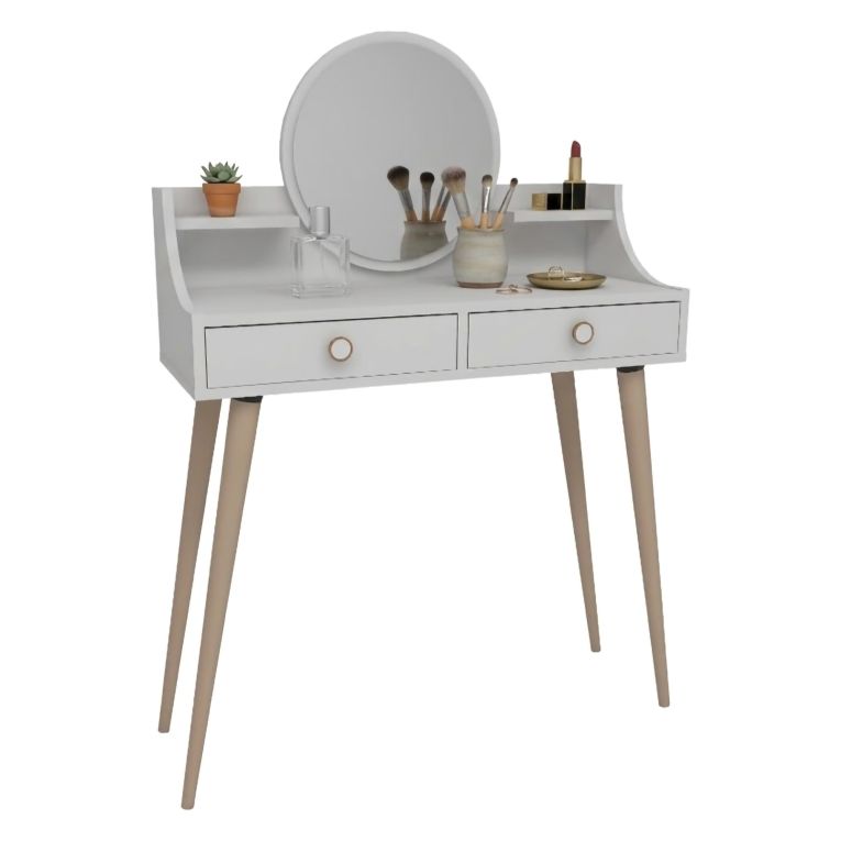 Toeletta Bianco Marrone Rovere Specchio Incluso 2 Cassetti 90x35x131h cm, Colore Struttura Marrone - Isernia