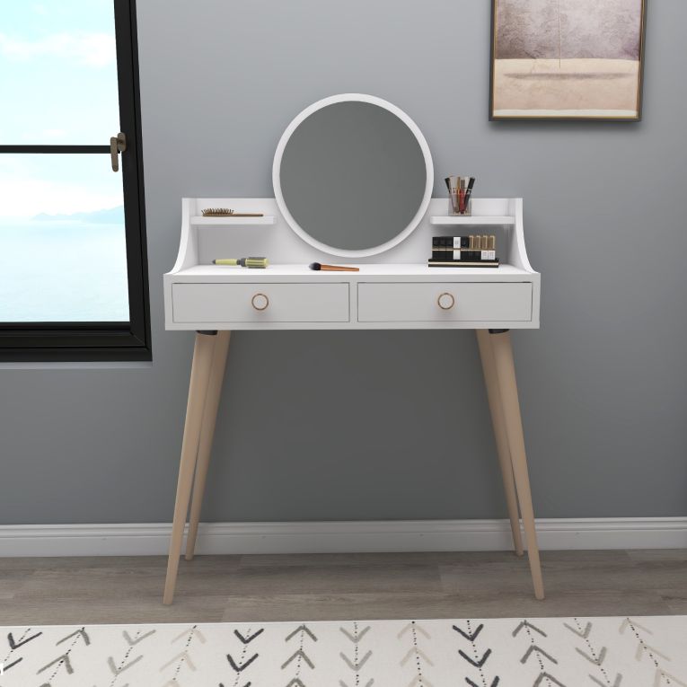 Toeletta Bianco Marrone Rovere Specchio Incluso 2 Cassetti 90x35x131h cm, Colore Struttura Marrone - Isernia