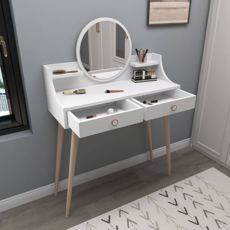 Toeletta Bianco Marrone Rovere Specchio Incluso 2 Cassetti 90x35x131h cm, Colore Struttura Marrone - Isernia