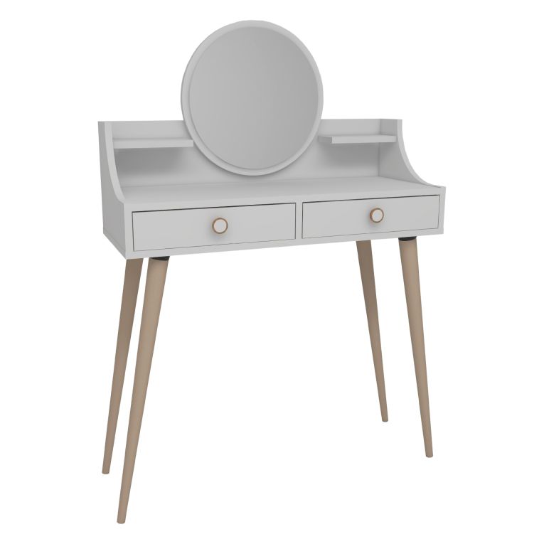 Toeletta Bianco Marrone Rovere Specchio Incluso 2 Cassetti 90x35x131h cm, Colore Struttura Marrone - Isernia
