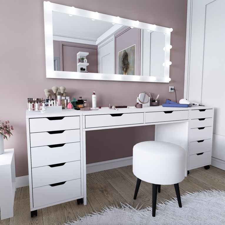 Toeletta Bianco Nero Specchio Incluso 12 Cassetti 200x55x77h cm, Luci Incluse - Lagunare