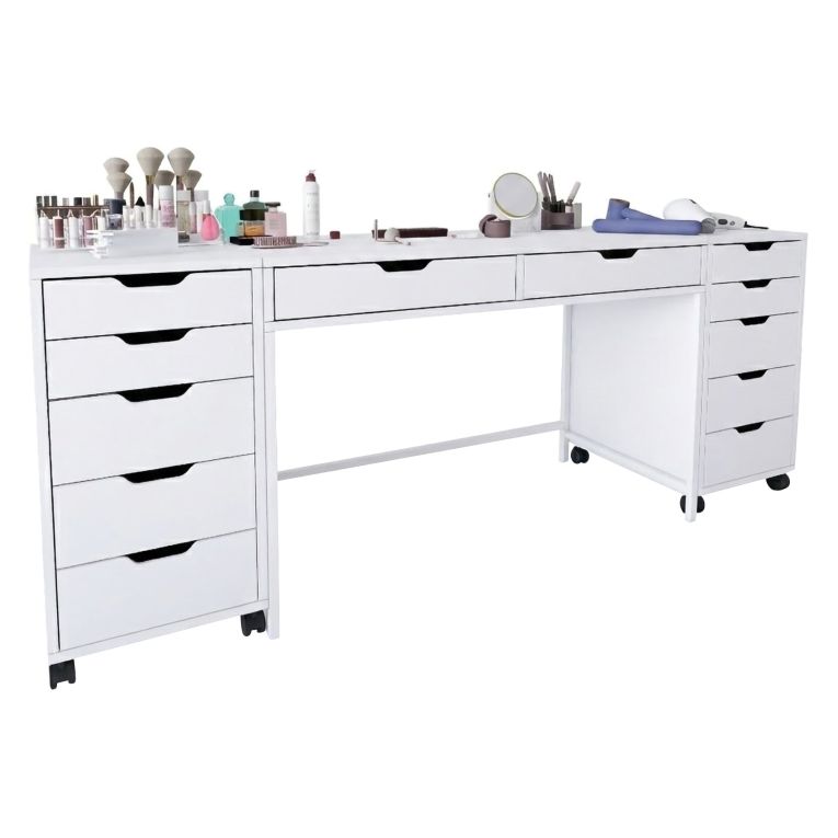 Toeletta Bianco Nero Specchio Incluso 12 Cassetti 200x55x77h cm, Luci Incluse - Lagunare