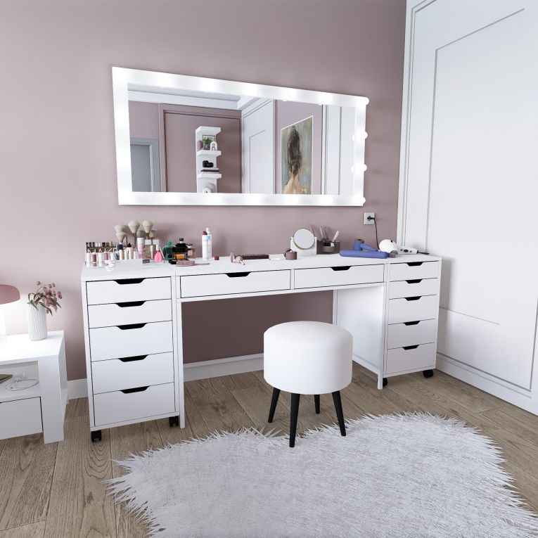 Toeletta Bianco Nero Specchio Incluso 12 Cassetti 200x55x77h cm, Luci Incluse - Lagunare