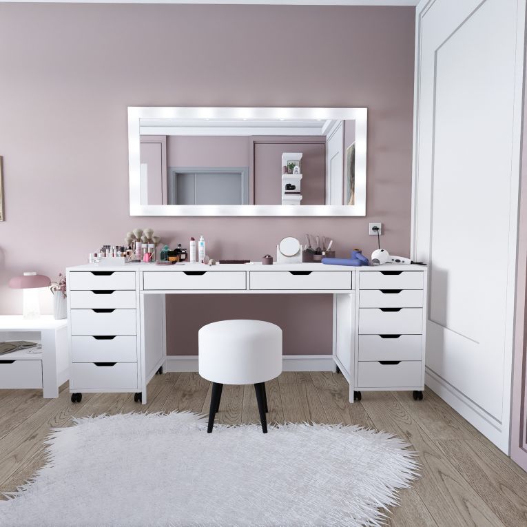 Toeletta Bianco Nero Specchio Incluso 12 Cassetti 200x55x77h cm, Luci Incluse - Lagunare