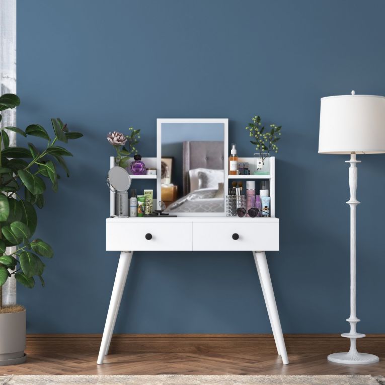 Toeletta Bianco Nero Specchio Incluso 2 Cassetti 103x40x112h cm, Colore Struttura Nero - Longhena