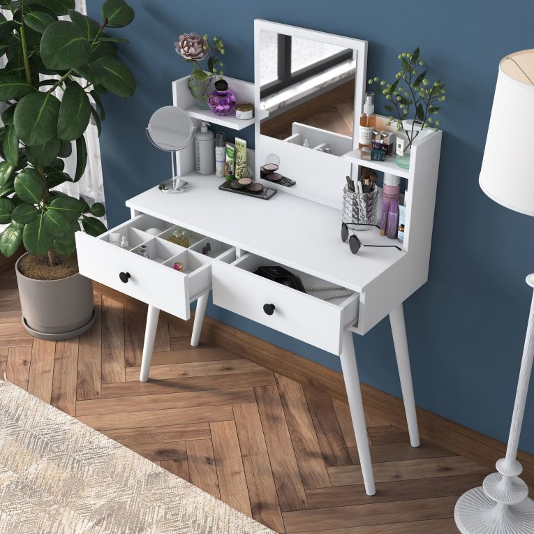 Toeletta Bianco Nero Specchio Incluso 2 Cassetti 103x40x112h cm, Colore Struttura Nero - Longhena