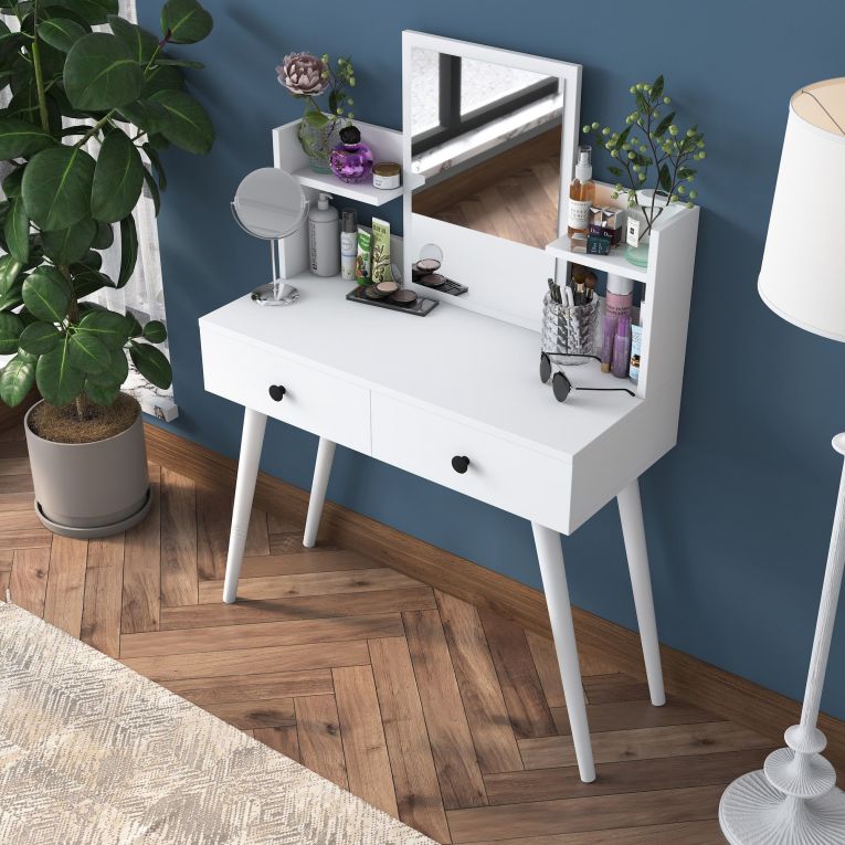 Toeletta Bianco Nero Specchio Incluso 2 Cassetti 103x40x112h cm, Colore Struttura Nero - Longhena