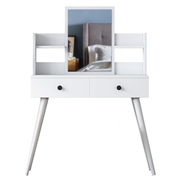Toeletta Bianco Nero Specchio Incluso 2 Cassetti 103x40x112h cm, Colore Struttura Nero - Longhena