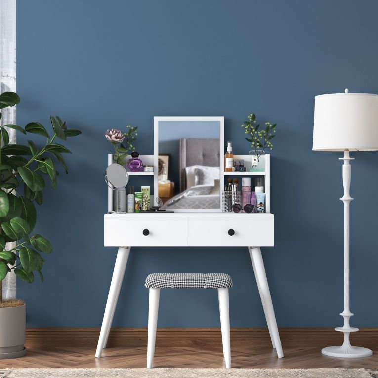 Toeletta Bianco Nero Specchio Incluso 2 Cassetti 103x40x112h cm, Colore Struttura Nero - Sutera