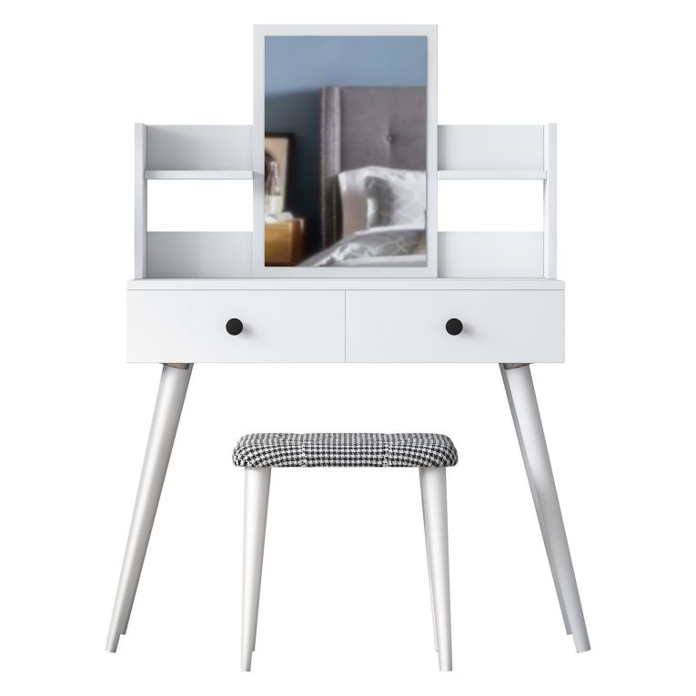 Toeletta Bianco Nero Specchio Incluso 2 Cassetti 103x40x112h cm, Colore Struttura Nero - Sutera