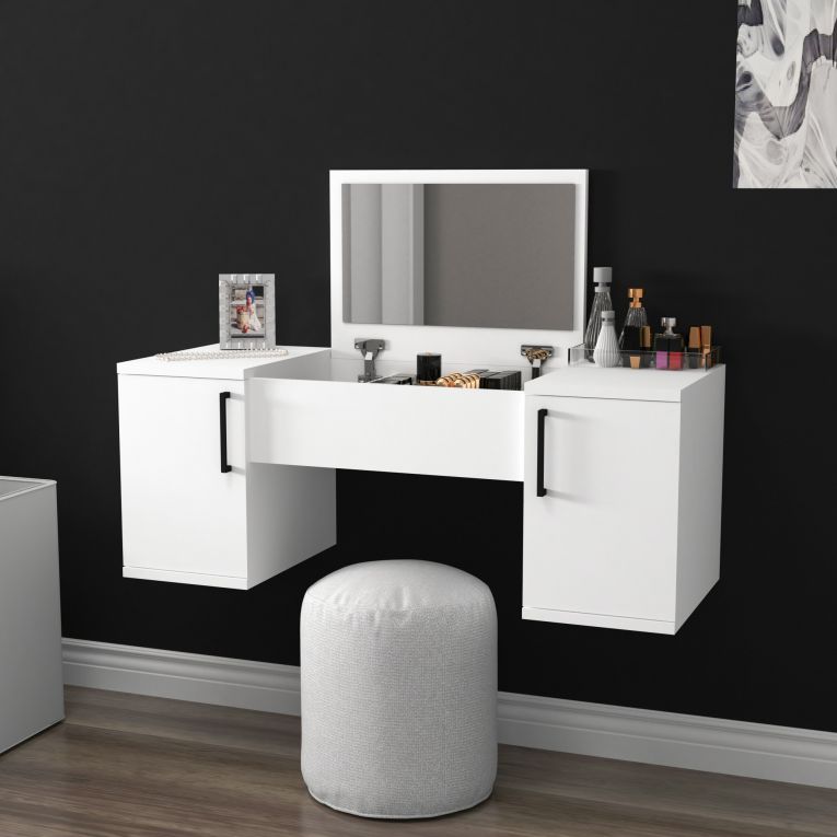 Toeletta Bianco Nero Specchio Incluso 3 Ante 100x35x74h cm, Colore Struttura Nero - Cicerale