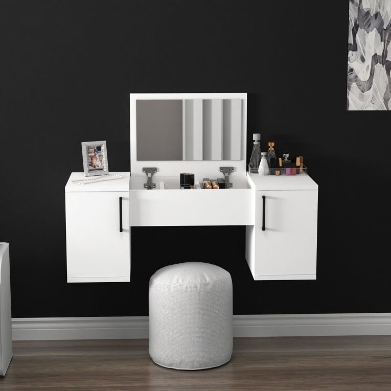 Toeletta Bianco Nero Specchio Incluso 3 Ante 100x35x74h cm, Colore Struttura Nero - Cicerale
