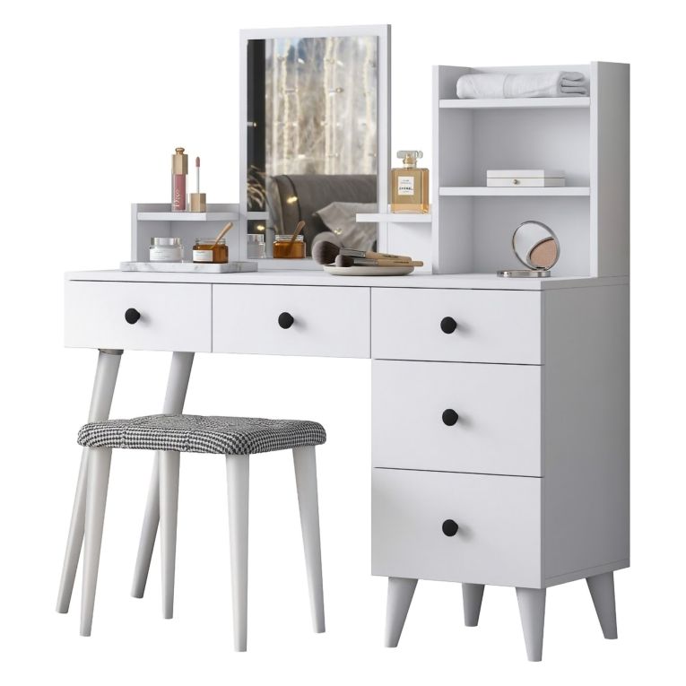 Toeletta Bianco Nero Specchio Incluso 4 Cassetti 125x40x94h cm, con Piedini - Lusia
