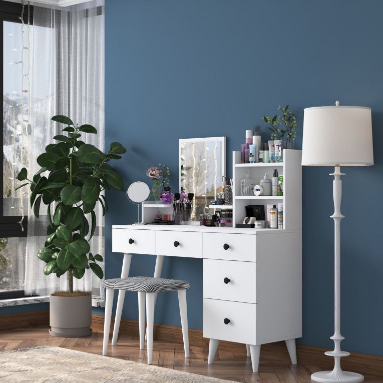 Toeletta Bianco Nero Specchio Incluso 4 Cassetti 125x40x94h cm, con Piedini - Lusia