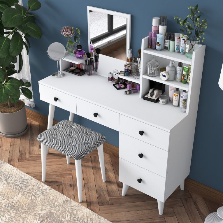 Toeletta Bianco Nero Specchio Incluso 4 Cassetti 125x40x94h cm, con Piedini - Lusia