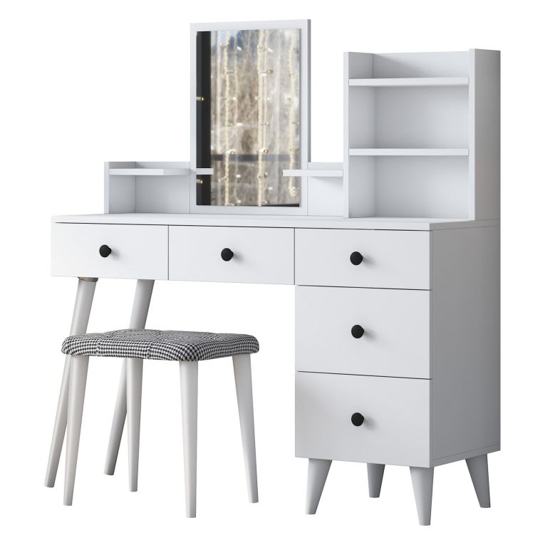 Toeletta Bianco Nero Specchio Incluso 4 Cassetti 125x40x94h cm, con Piedini - Lusia