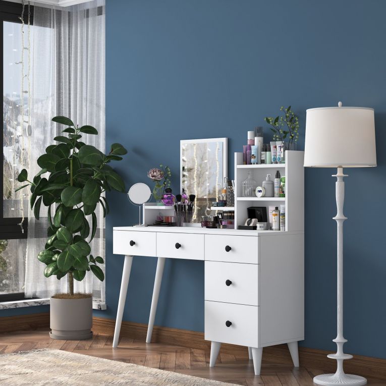 Toeletta Bianco Nero Specchio Incluso 5 Cassetti 125x40x94h cm, Colore Struttura Nero - Certaldo