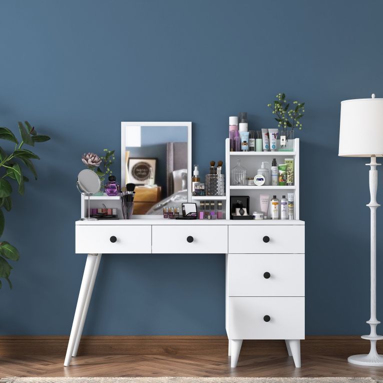 Toeletta Bianco Nero Specchio Incluso 5 Cassetti 125x40x94h cm, Colore Struttura Nero - Certaldo