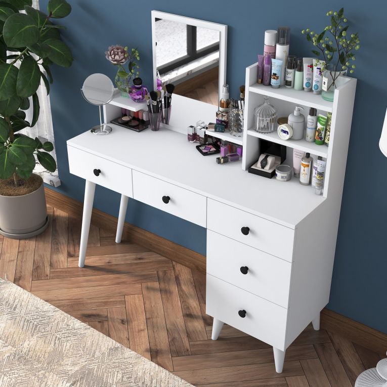 Toeletta Bianco Nero Specchio Incluso 5 Cassetti 125x40x94h cm, Colore Struttura Nero - Certaldo