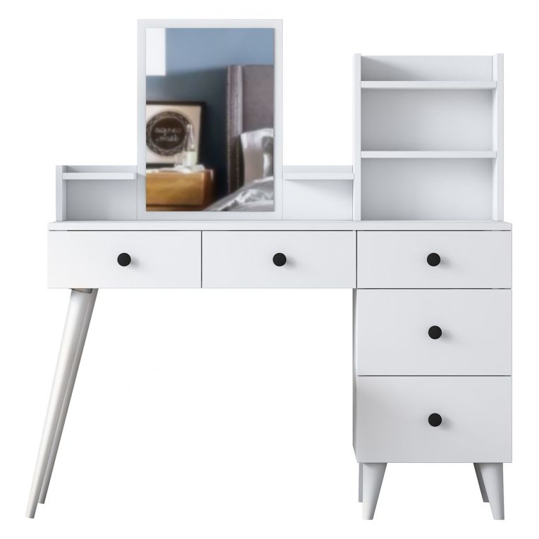 Toeletta Bianco Nero Specchio Incluso 5 Cassetti 125x40x94h cm, Colore Struttura Nero - Certaldo
