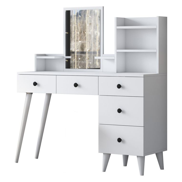 Toeletta Bianco Nero Specchio Incluso 5 Cassetti 125x40x94h cm, Colore Struttura Nero - Certaldo