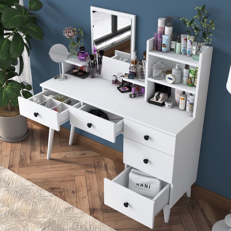 Toeletta Bianco Nero Specchio Incluso 5 Cassetti 125x40x94h cm, Colore Struttura Nero - Certaldo