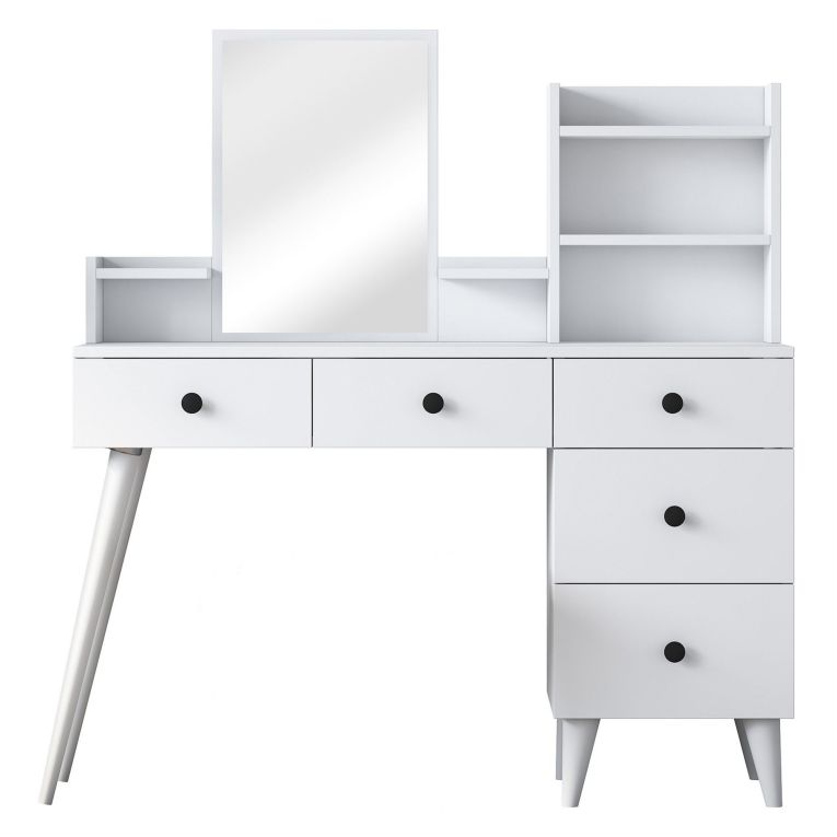 Toeletta Bianco Nero Specchio Incluso 5 Cassetti 125x40x94h cm, Colore Struttura Nero - Certaldo