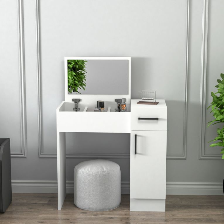 Toeletta Bianco Nero Specchio Incluso un Cassetto 74x38x108h cm, 2 Ante - Lequile