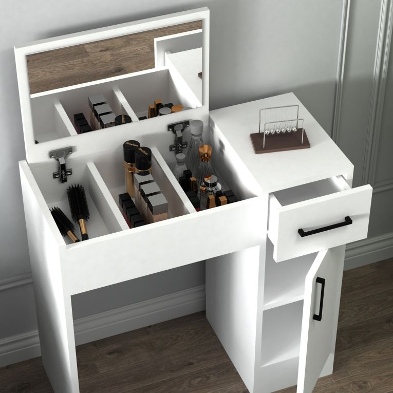 Toeletta Bianco Nero Specchio Incluso un Cassetto 74x38x108h cm, 2 Ante - Lequile