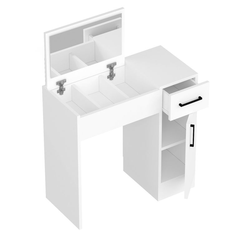 Toeletta Bianco Nero Specchio Incluso un Cassetto 74x38x108h cm, 2 Ante - Lequile