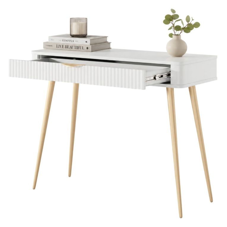 Toeletta Bianco oro un Cassetto Materiale Struttura in Metallo 100x38x78h cm, Materiale Piano in Legno Nobilitato - Katerara
