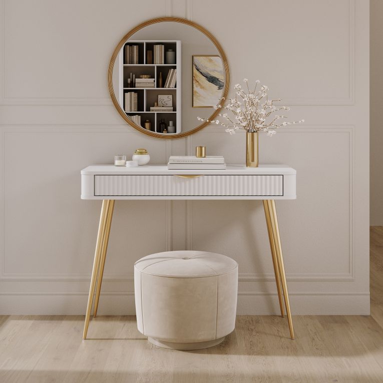 Toeletta Bianco oro un Cassetto Materiale Struttura in Metallo 100x38x78h cm, Materiale Piano in Legno Nobilitato - Katerara