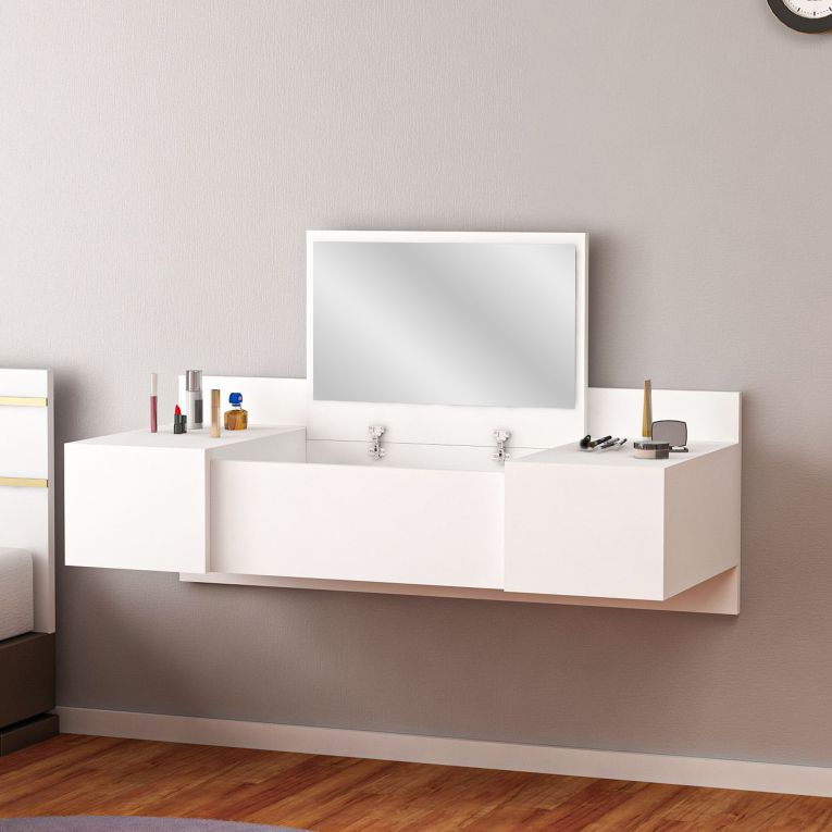 Toeletta Bianco Specchio Incluso 3 Ante 100x39x33h cm, Materiale Piano in Legno Nobilitato - Selci